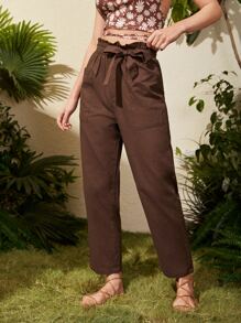 Solid Paperbag Waist Belted Pants - Chocolate Brown - View 3