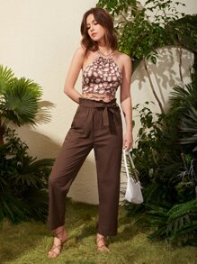 Solid Paperbag Waist Belted Pants - Chocolate Brown - View 5