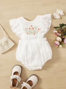 SHEIN Bebé Body con bordado floral de manga con volante - Blanco - Ver 1
