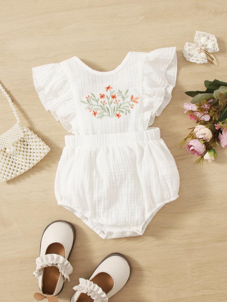 SHEIN Bebé Body con bordado floral de manga con volante - Blanco - Ver 1