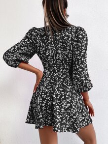 SHEIN PETITE 小碎花燈籠袖洋裝 - 黑與白 - 查看 2