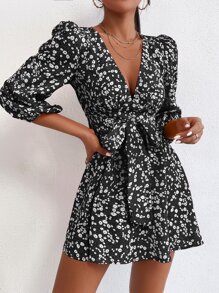 SHEIN PETITE 小碎花燈籠袖洋裝 - 黑與白 - 查看 3