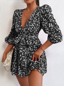 SHEIN PETITE 小碎花燈籠袖洋裝 - 黑與白 - 查看 5