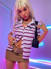 SHEIN Unity Butterfly Embroidery Striped Print Button Front Shirt - Multicolor - View 1