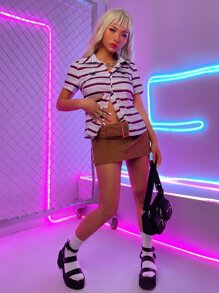 SHEIN Unity Butterfly Embroidery Striped Print Button Front Shirt - Multicolor - View 3