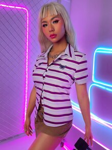 SHEIN Unity Butterfly Embroidery Striped Print Button Front Shirt - Multicolor - View 5