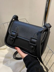 Minimalist Buckle Decor Flap Square Bag - Black - View 1