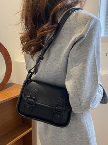 Minimalist Buckle Decor Flap Square Bag - Black - View 2
