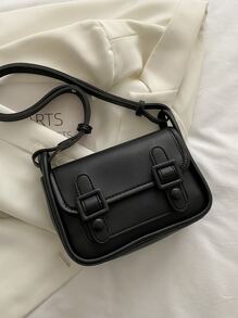 Minimalist Buckle Decor Flap Square Bag - Black - View 4