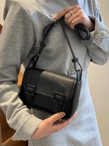 Minimalist Buckle Decor Flap Square Bag - Black - View 5