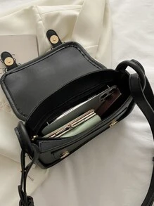 Minimalist Buckle Decor Flap Square Bag - Black - View 6