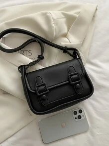 Minimalist Buckle Decor Flap Square Bag - Black - View 8