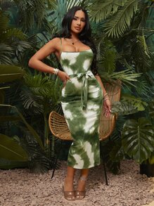 SHEIN SXY 紮染高開叉腰帶吊帶洋裝