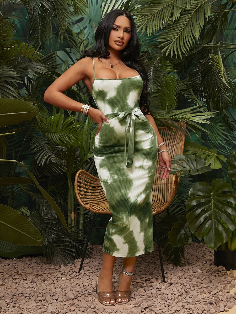 SHEIN SXY 紮染高開叉腰帶吊帶洋裝