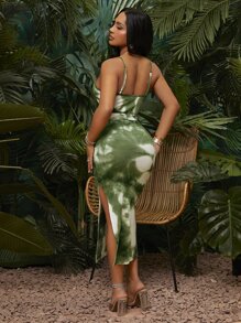 SHEIN SXY 紮染高開叉腰帶吊帶洋裝