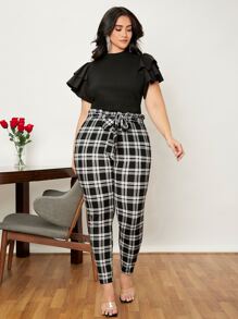 SHEIN Clasi Plus Plaid Print Paperbag Waist Knot Front Skinny Trousers - Black and White - View 3