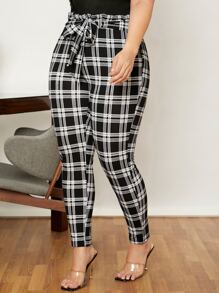 SHEIN Clasi Plus Plaid Print Paperbag Waist Knot Front Skinny Trousers - Black and White - View 4