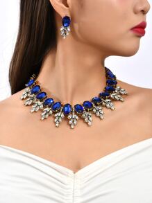 1 sợi dây chuyền đá quý và 1 đôi bông tai đá quý - Xanh đậm - Xem 1