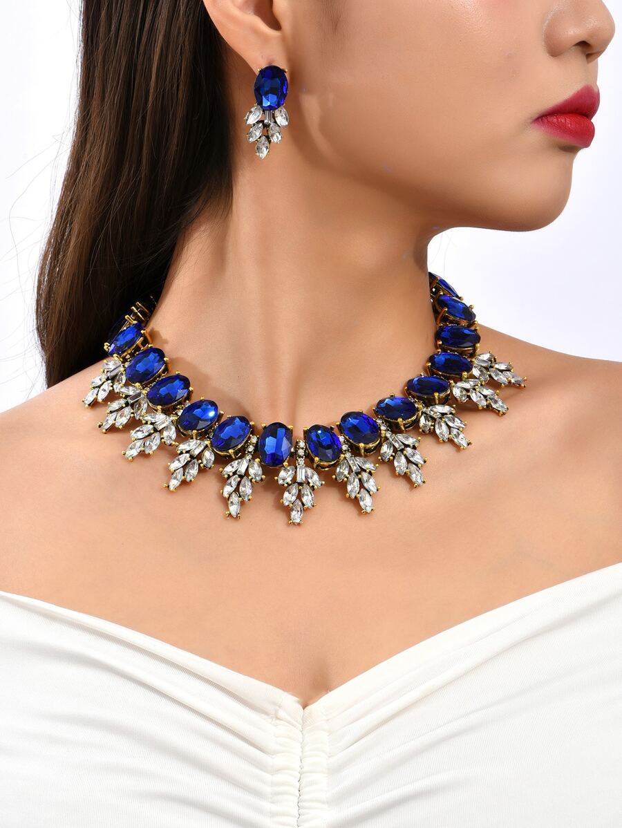 1 sợi dây chuyền đá quý và 1 đôi bông tai đá quý - Xanh đậm - Xem 1