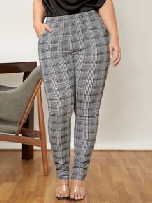 SHEIN Clasi Plus Glen Plaid Slit Hem Slant Pockets Pants - Black and White - View 3