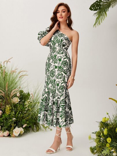 Mulvari Women Dresses Ruffle Hem Zip Bunga All Over Print Boho
