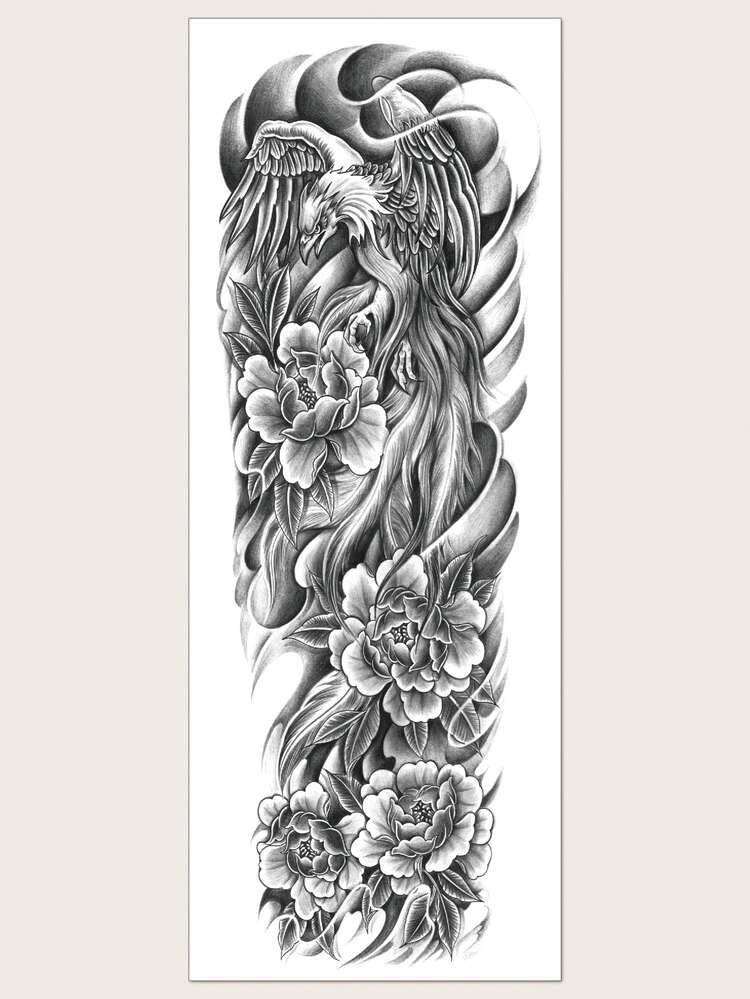 纹身贴纸，1 张花卉和老鹰图案女士临时纹身，成人纹身贴纸，逼真纹身花，适合女性和女孩 - 黑色 - 查看 2