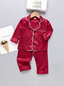 Young Boy Contrast Binding Lapel Neck Satin Sleep Top & Sleep Pants Baby Boy Red Suitred Set For Kids