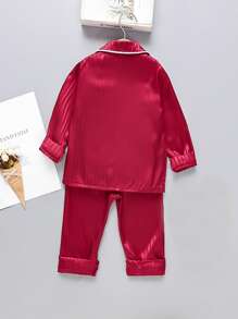 Young Boy Contrast Binding Lapel Neck Satin Sleep Top & Sleep Pants Baby Boy Red Suitred Set For Kids