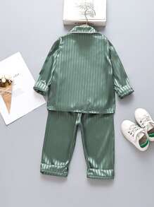 Young Boy Contrast Binding Lapel Neck Satin Sleep Top & Sleep Pants - Dark Green - View 2