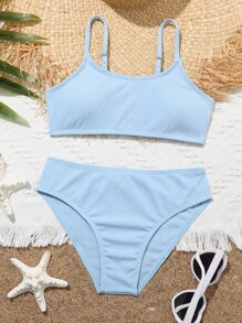 Conjunto de bikini liso de canalé para niña preadolescente, playa de verano - Azul - Ver 1
