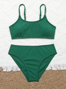 Conjunto de bikini acanalado liso para niña preadolescente, playa de verano - Verde - Ver 4
