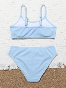 Conjunto de bikini liso de canalé para niña preadolescente, playa de verano - Azul - Ver 2