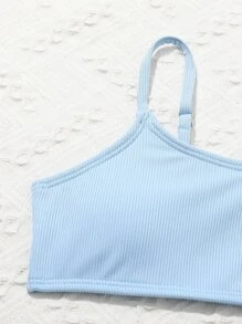 Conjunto de bikini liso de canalé para niña preadolescente, playa de verano - Azul - Ver 3
