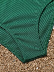 Conjunto de bikini acanalado liso para niña preadolescente, playa de verano - Verde - Ver 5