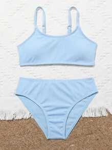 Conjunto de bikini liso de canalé para niña preadolescente, playa de verano - Azul - Ver 4