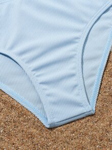 Conjunto de bikini liso de canalé para niña preadolescente, playa de verano - Azul - Ver 5