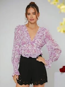 SHEIN 熱帶圖案打褶荷葉袖荷葉邊襯衫 - 彩色 - 查看 1