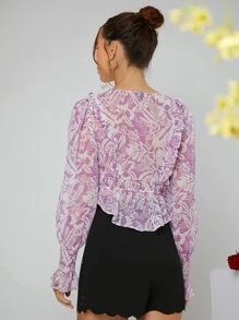 SHEIN 熱帶圖案打褶荷葉袖荷葉邊襯衫 - 彩色 - 查看 2