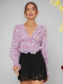 SHEIN 熱帶圖案打褶荷葉袖荷葉邊襯衫 - 彩色 - 查看 3