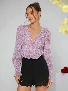 SHEIN 熱帶圖案打褶荷葉袖荷葉邊襯衫 - 彩色 - 查看 4