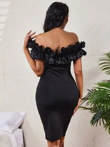 SHEIN SXY Off Shoulder Ruffle Trim Bodycon Dress - Black - View 3