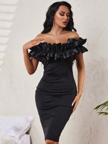 SHEIN SXY Off Shoulder Ruffle Trim Bodycon Dress - Black - View 1