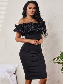 SHEIN SXY Off Shoulder Ruffle Trim Bodycon Dress - Black - View 5