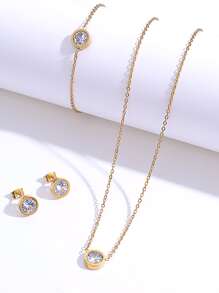 方晶鋯石耳釘和手鐲和項鏈 - 金黃色 - 查看 1