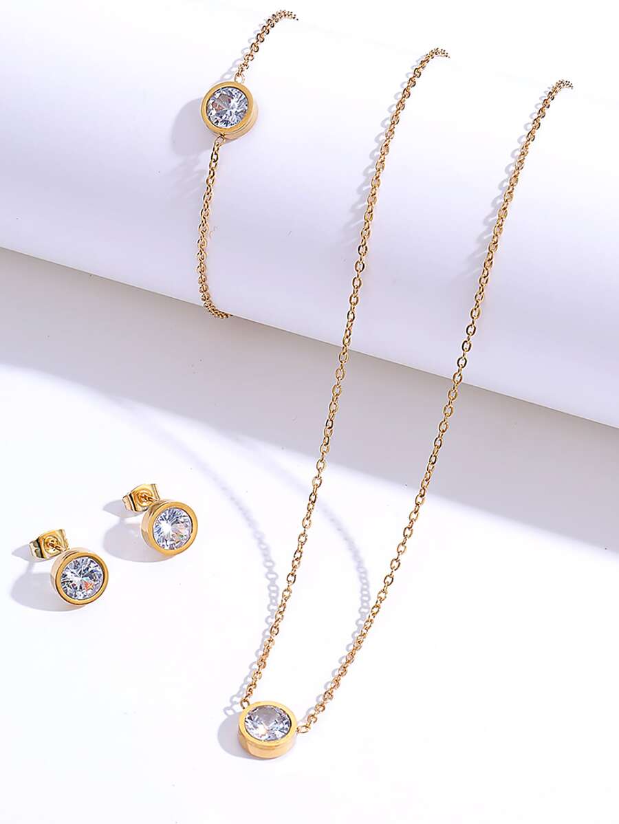 方晶鋯石耳釘和手鐲和項鏈 - 金黃色 - 查看 1