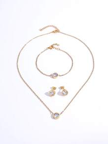 方晶鋯石耳釘和手鐲和項鏈 - 金黃色 - 查看 2