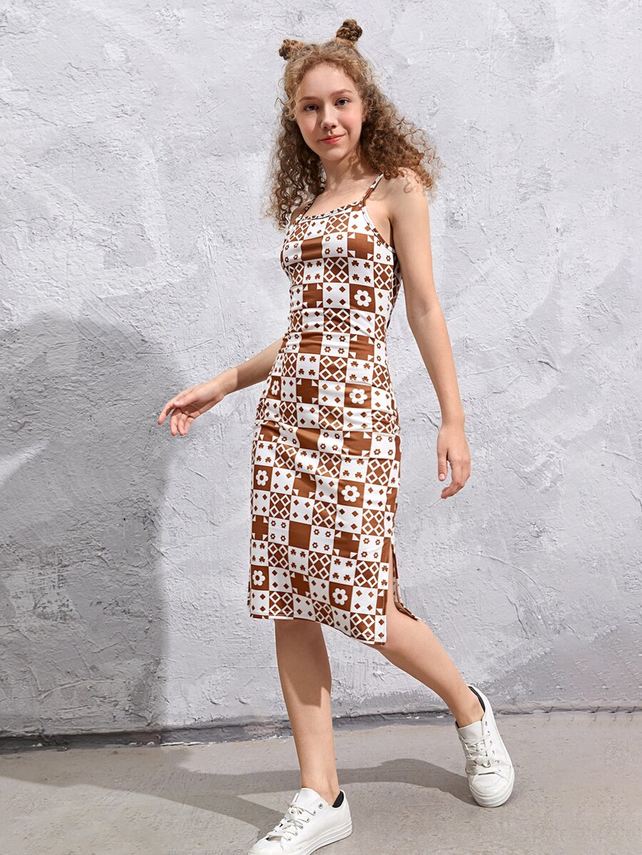 SHEIN Teen Girls Geo & Checker Print Cami Dress - Multicolor - View 1