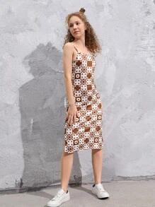 SHEIN Teen Girls Geo & Checker Print Cami Dress - Multicolor - View 4