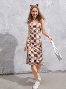 SHEIN Teen Girls Geo & Checker Print Cami Dress - Multicolor - View 5