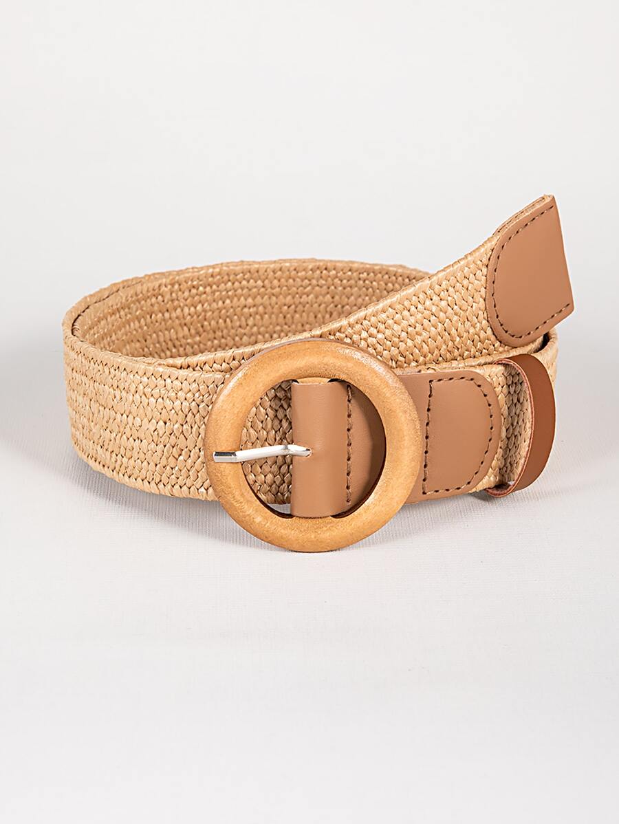 1pc Women's Elastic PP Straw Waist Belt With 4cm Wooden Buckle, Suitable For Beach Holiday - Khaki - View 1